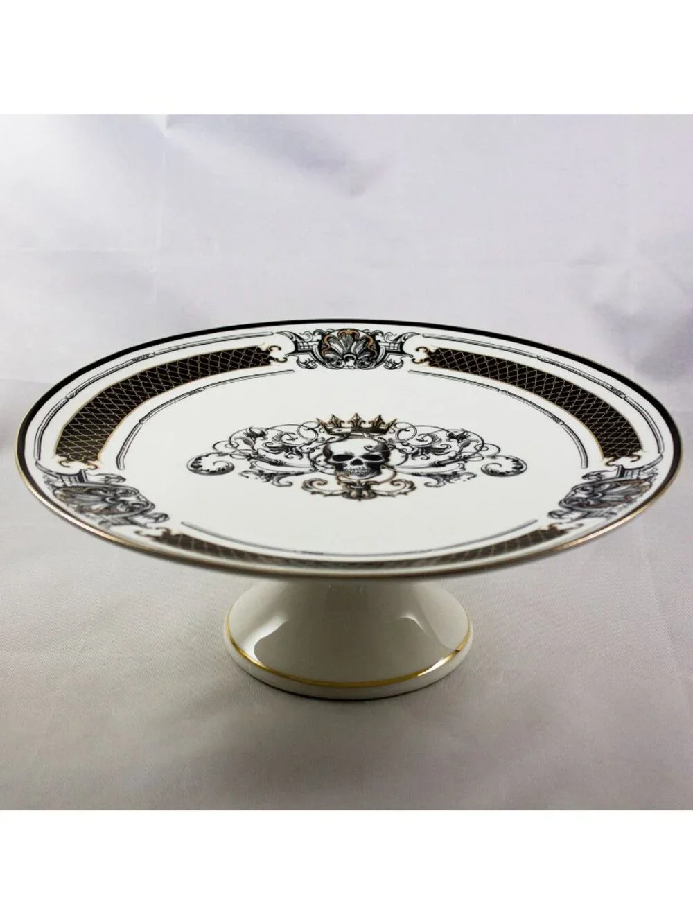 Grace Teaware Lattice Skull With Crown Footed Cake Plate Fine Porcelain 10.5